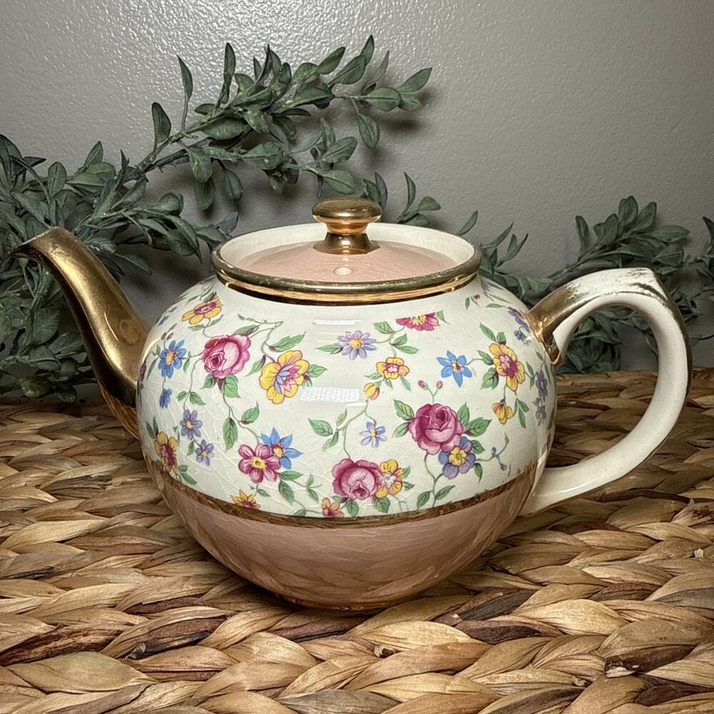Sadler England Bone China Floral Pink Teapot Gold Gilt Chintz Style Vintage